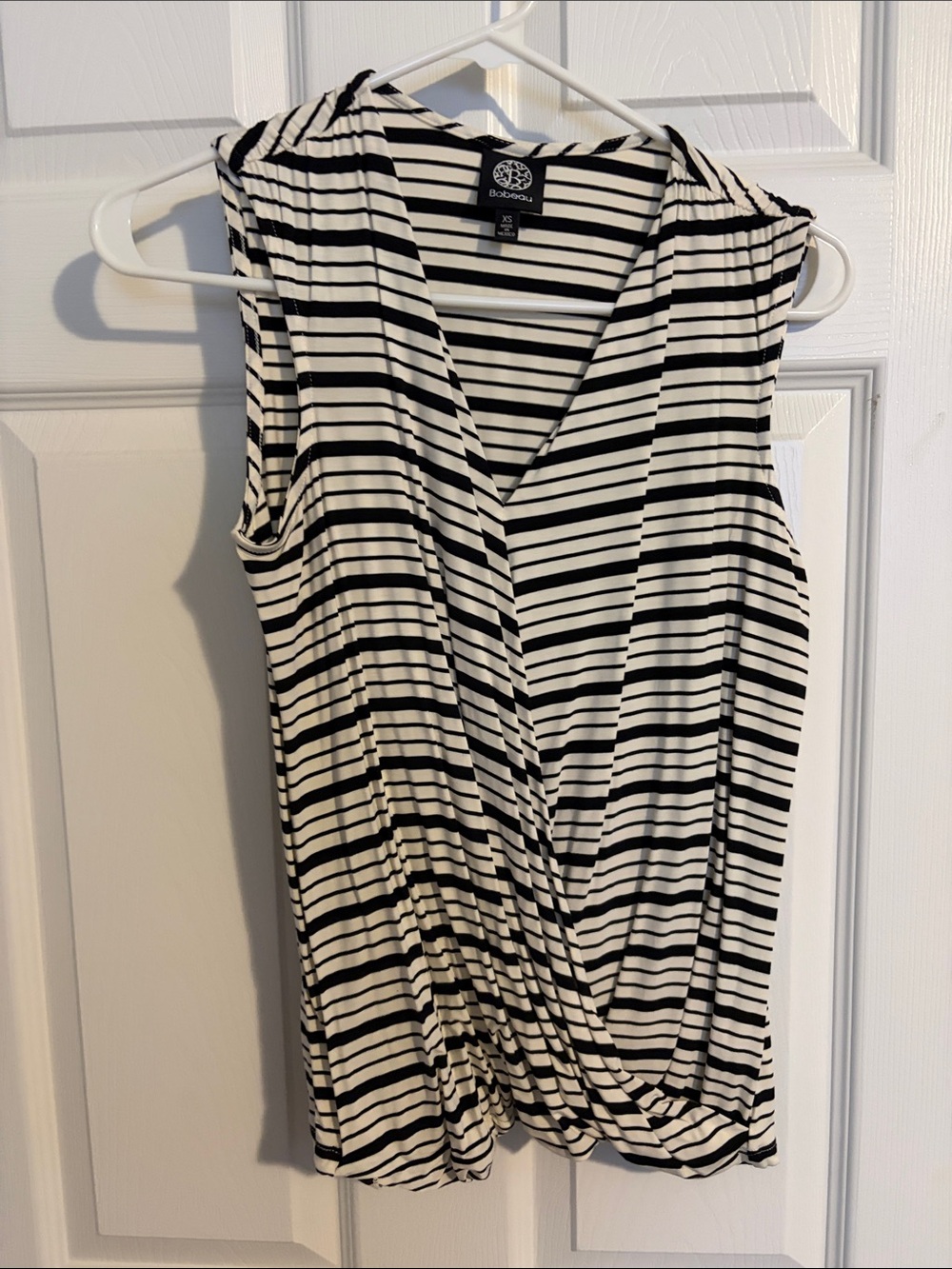 bobeau Black and White Striped Sleeveless Faux-Wrap Top